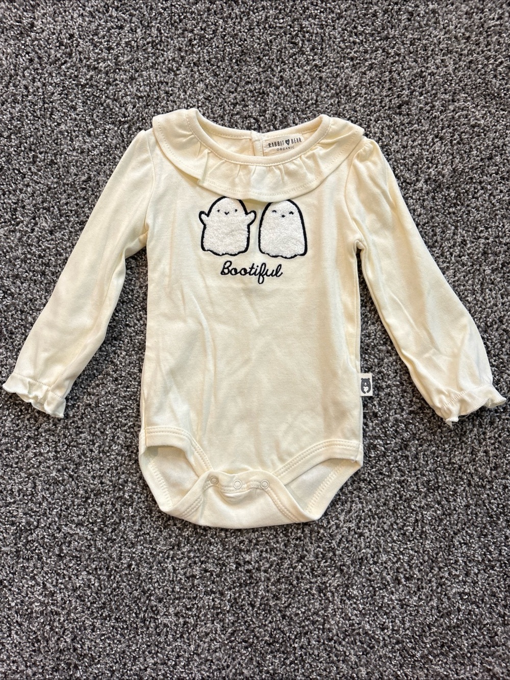 “Bootiful” Rabbit + Bear Organic Cotton One Piece 6-9M Ghost Ruffle Sleeve